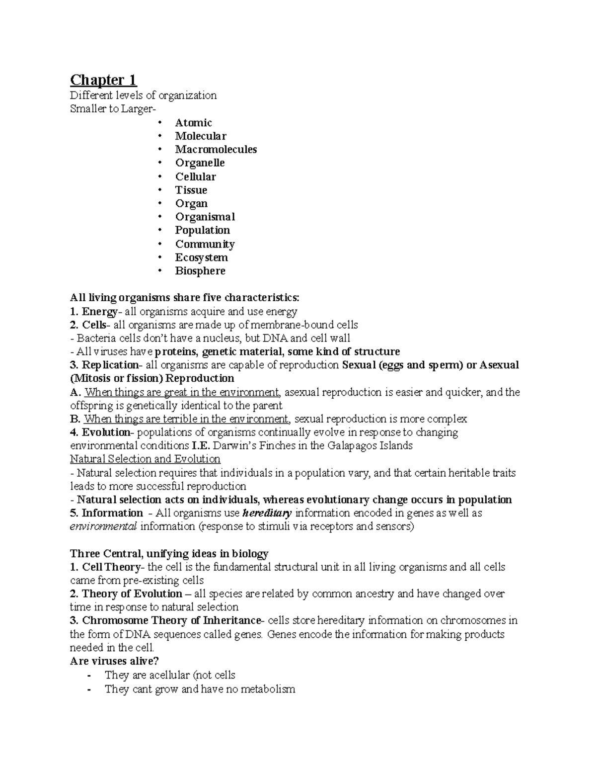 Biology notes 1 - Chapter 1 Different levels of organization Smaller to ...