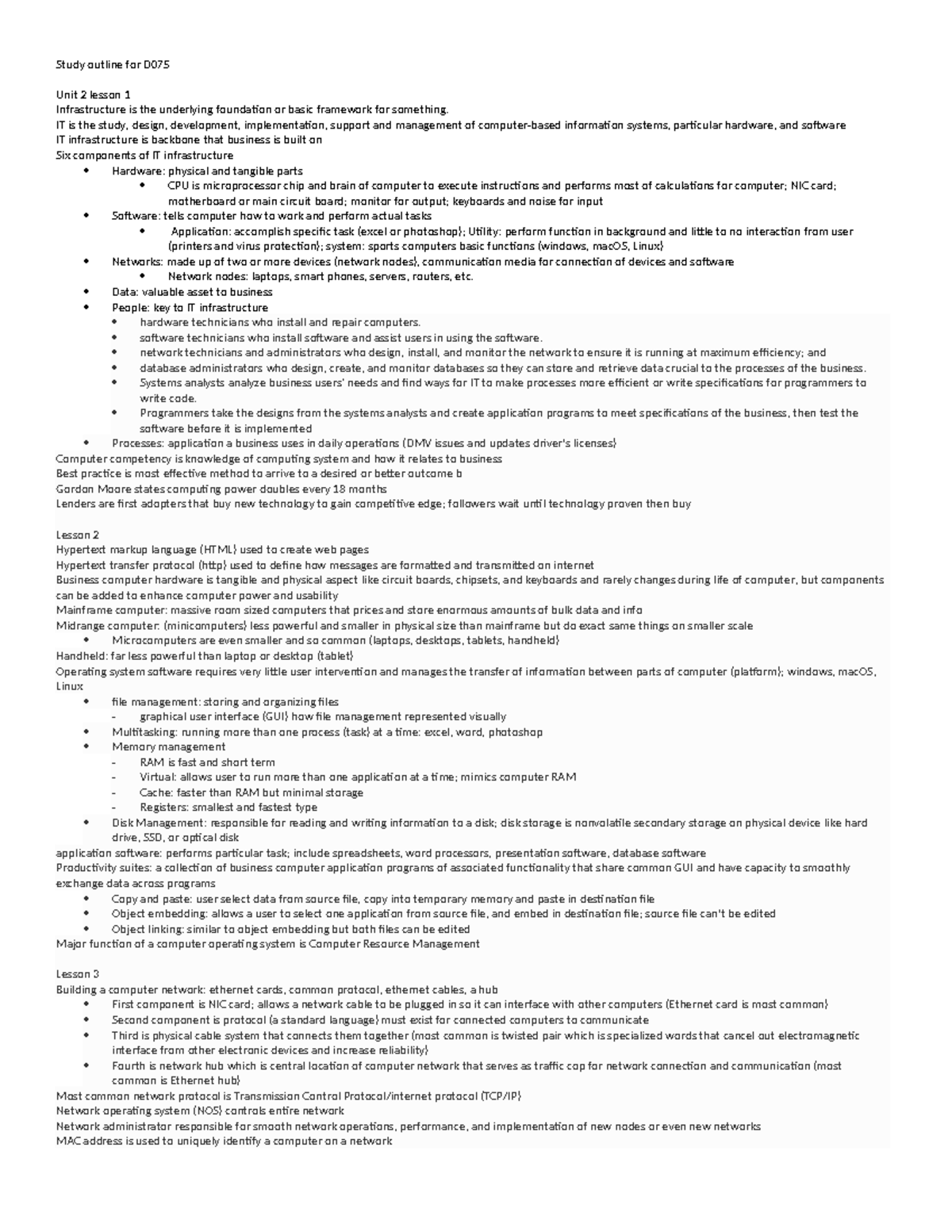 D075 outline - N/A - Study outline for D Unit 2 lesson 1 Infrastructure ...