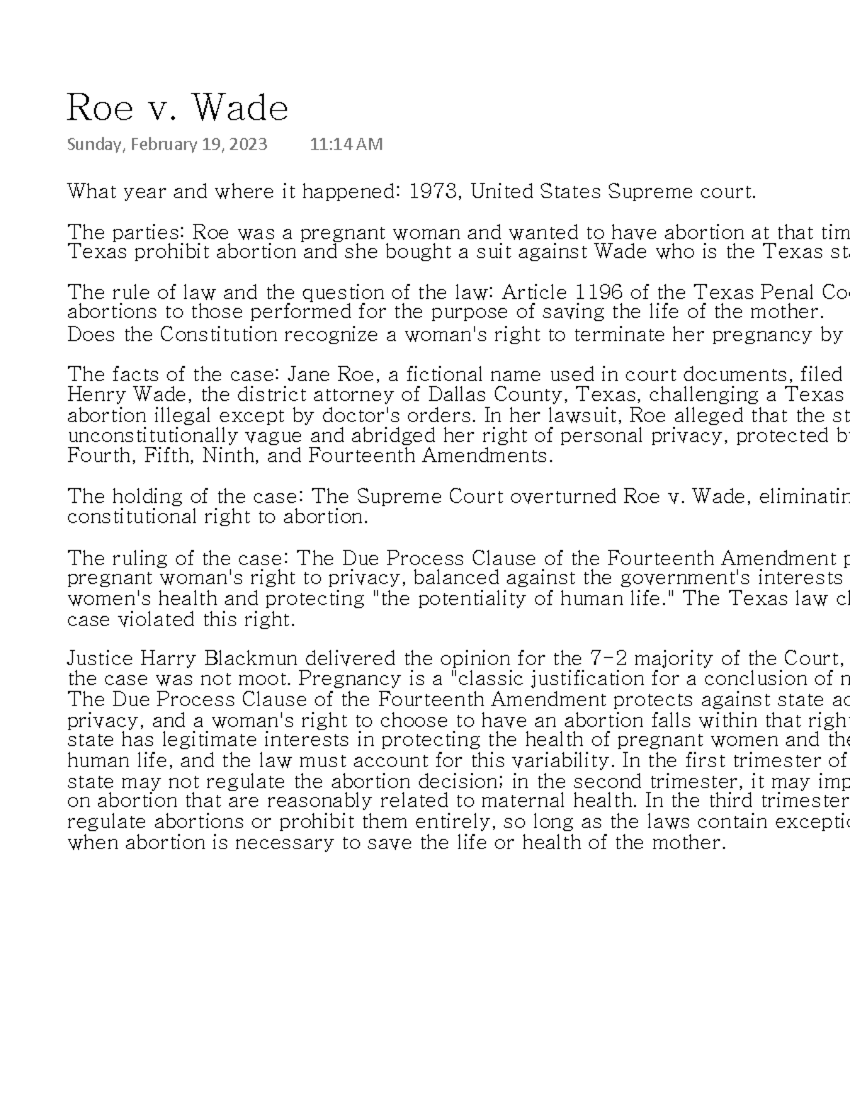 Roe v. Wade Abortion Rights and Constitutional Privacy Studocu