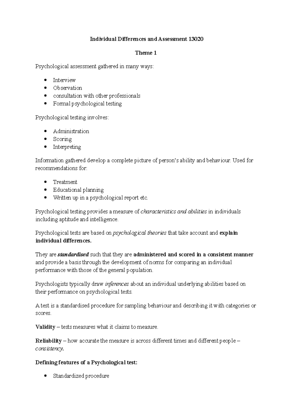Week 1 theme 1"Testing" - Individual Differences and Assessment 13020 ...