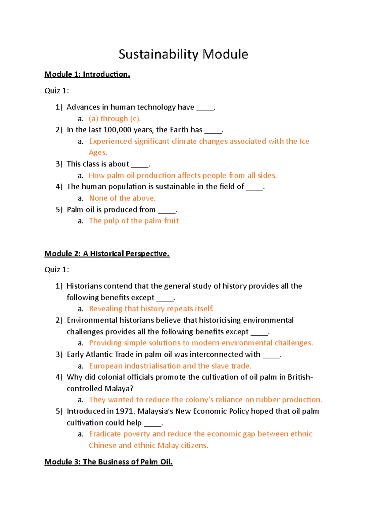 Answer Sheet For Sustainability Module 120819 - Sustainability Module ...