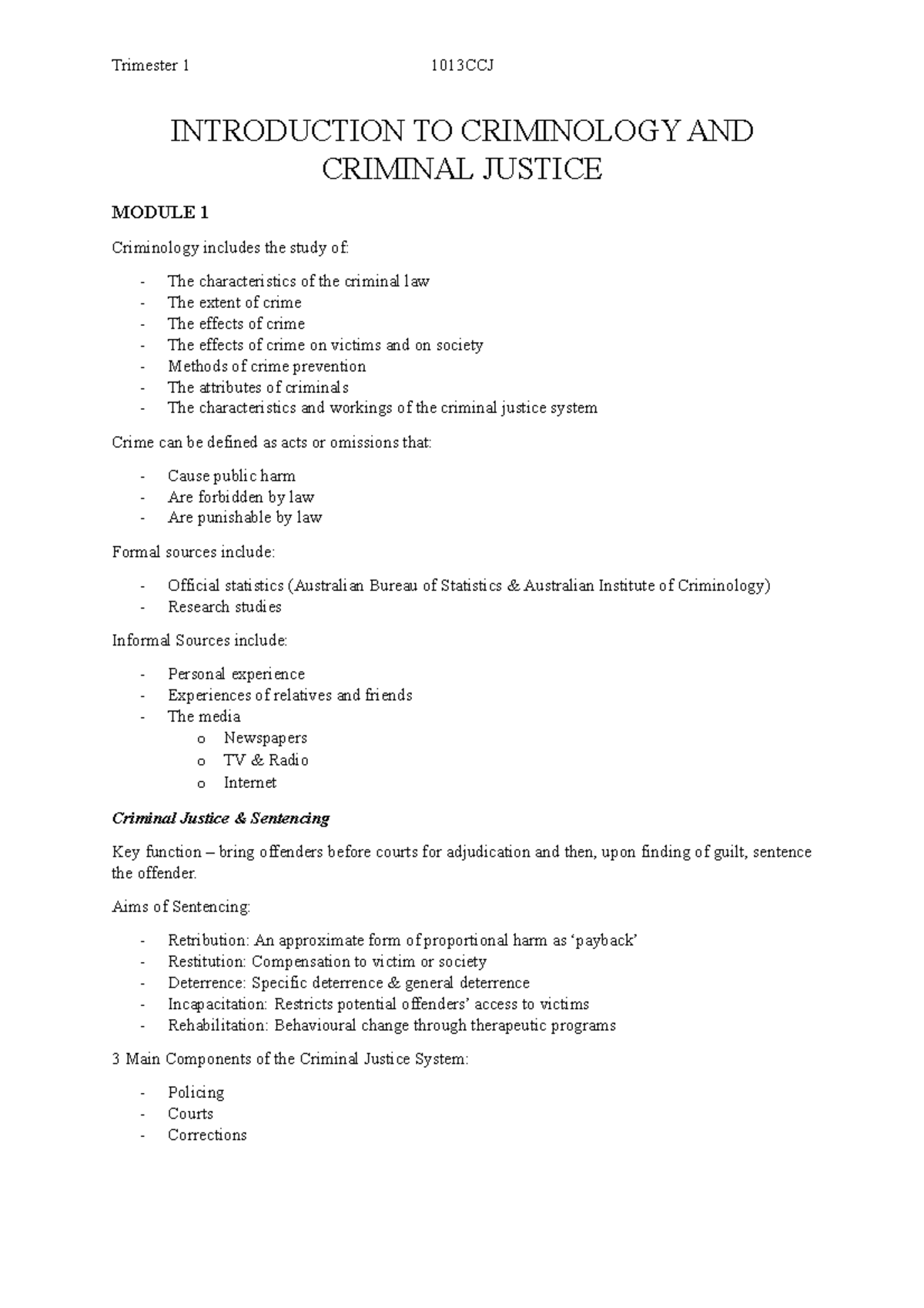 Lecture Notes - INTRODUCTION TO CRIMINOLOGY AND CRIMINAL JUSTICE MODULE ...