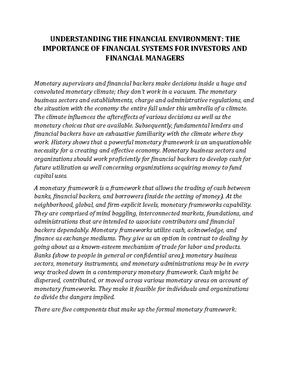 Understanding THE Financial Environment - UNDERSTANDING THE FINANCIAL