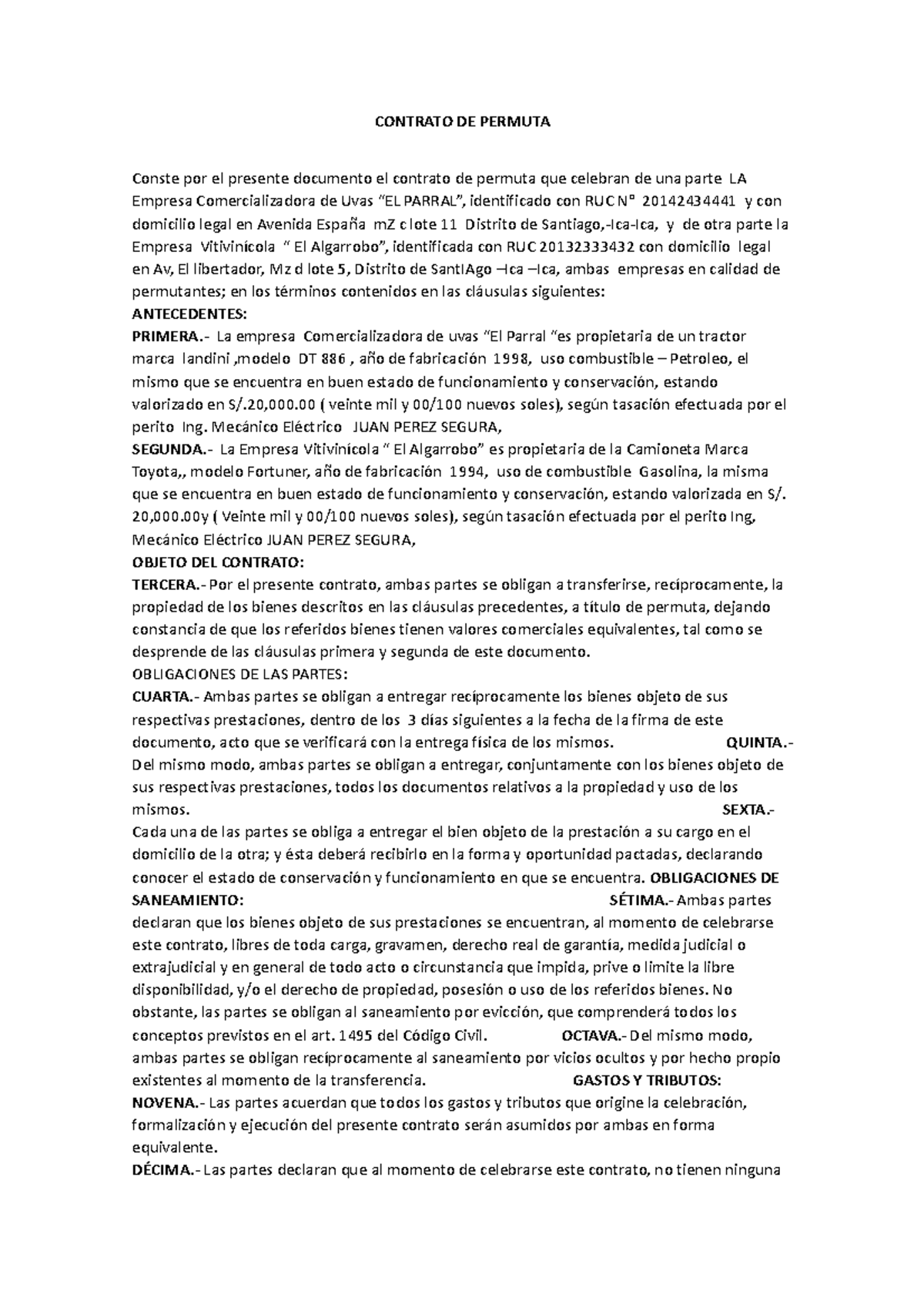 Contrato de permuta - ejemplo - CONTRATO DE PERMUTA Conste por el ...