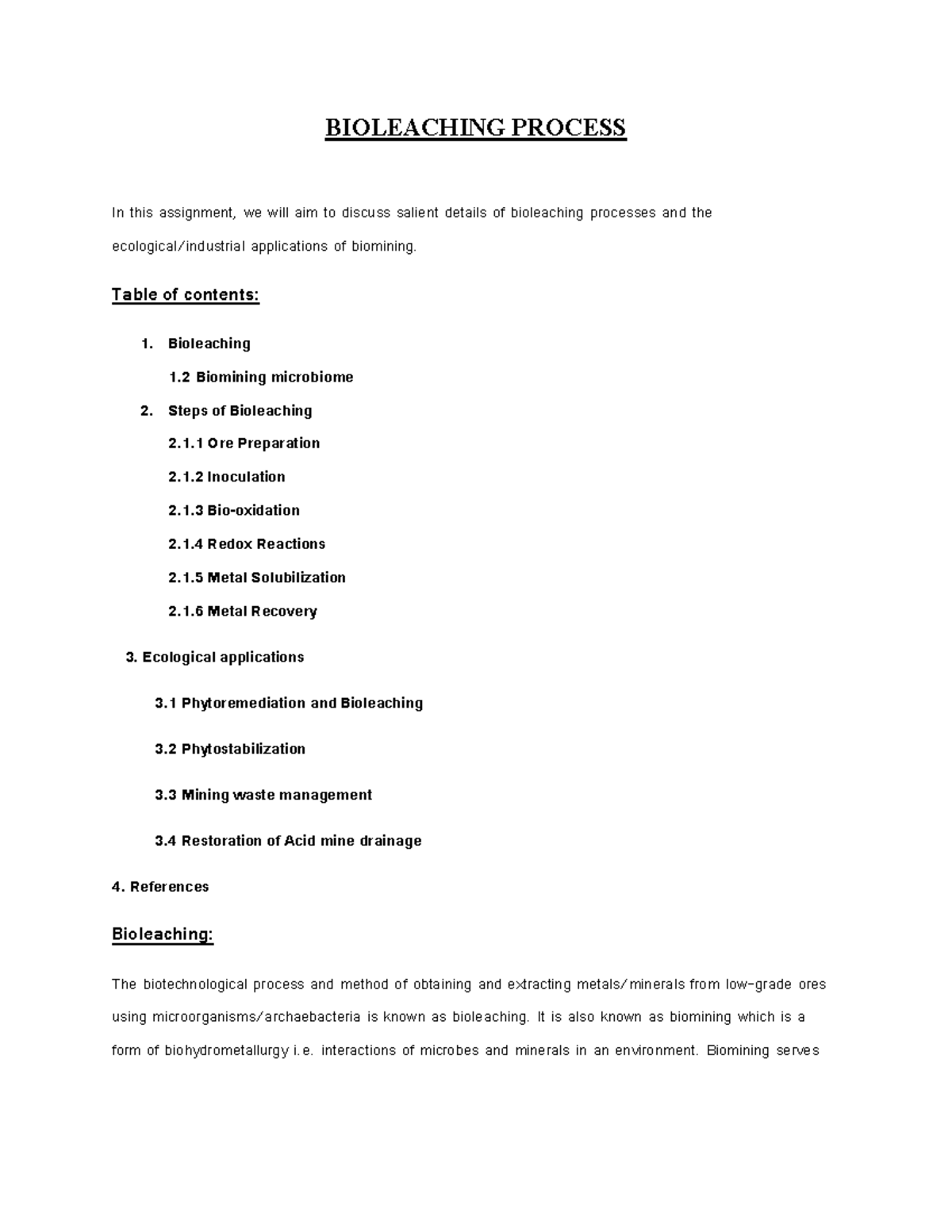 Bioleaching Process - BIOLEACHING PROCESS In this assignment, we will ...