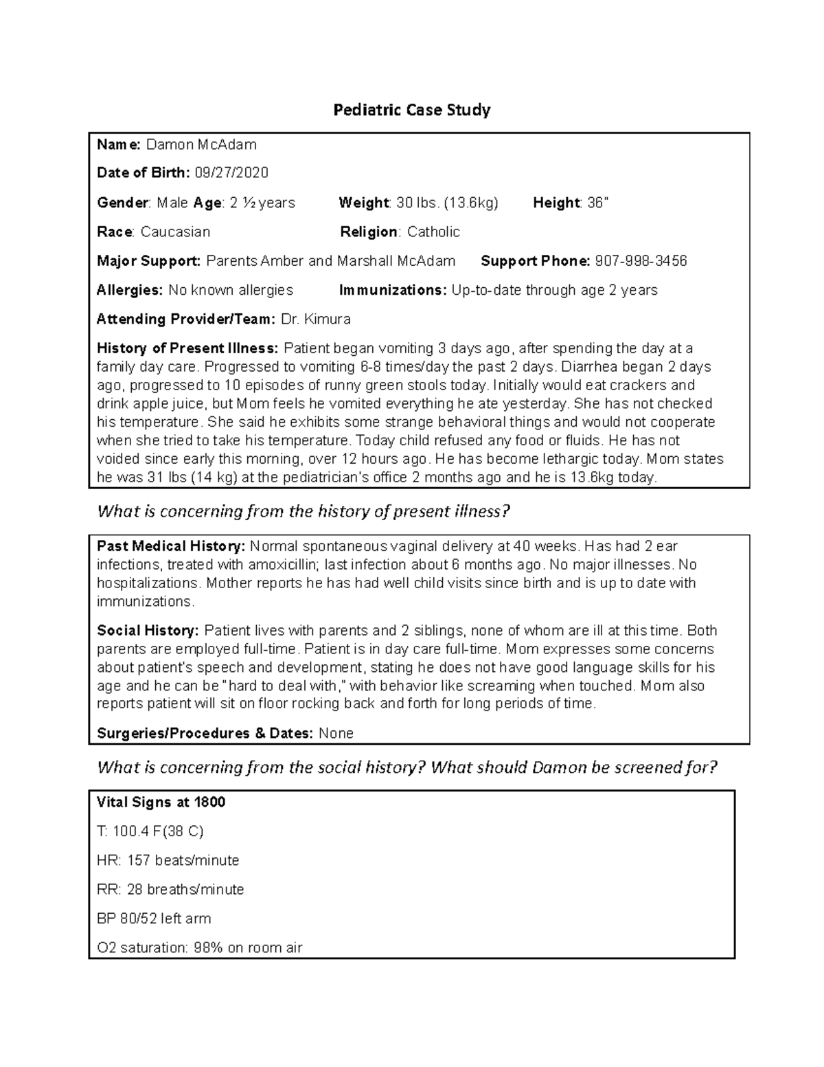 NPW 5 - makeup npw case study - Pediatric Case Study Name: Damon McAdam ...