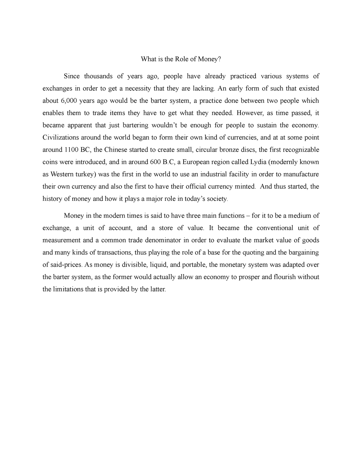 what is the role of money essay