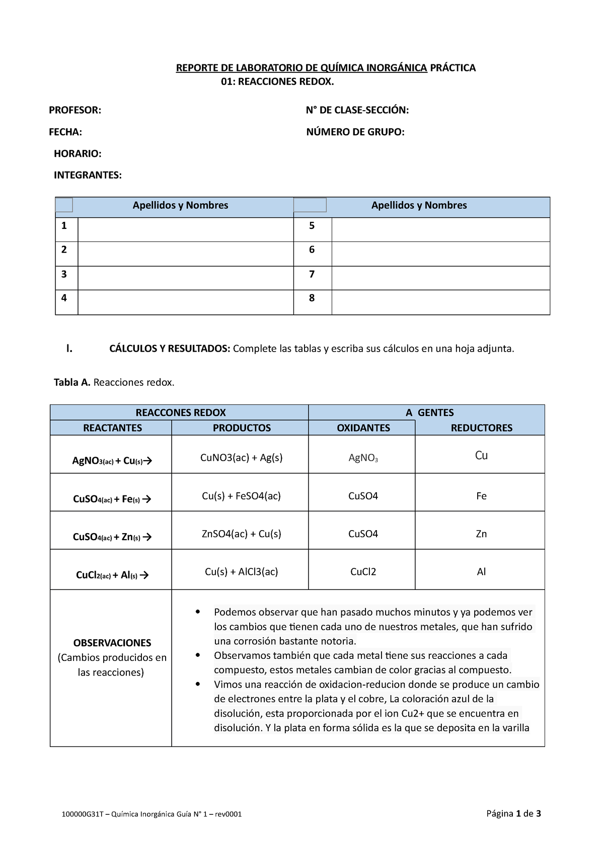 Guia N°1 Reacciones Redox Reporte De Laboratorio De QuÍmica