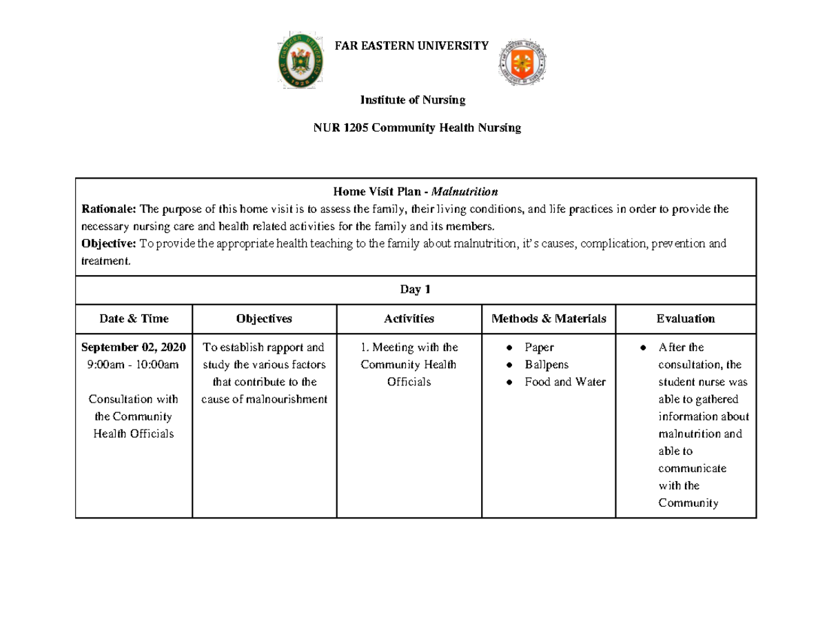 Sample Home Visit Plan 2 1 - FAR EASTERN UNIVERSITY Institute of ...