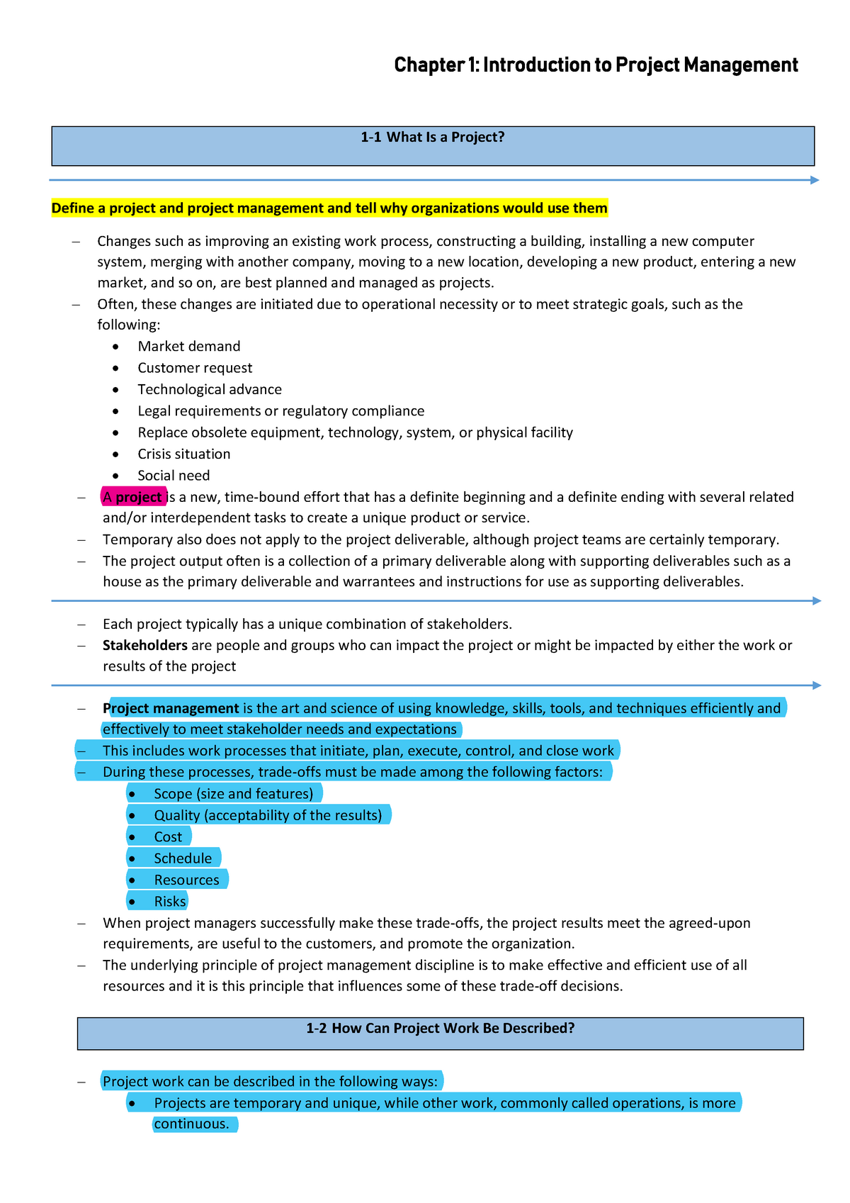 Chapter 1 Notes - Project Management - Chapter 1: Introduction to ...