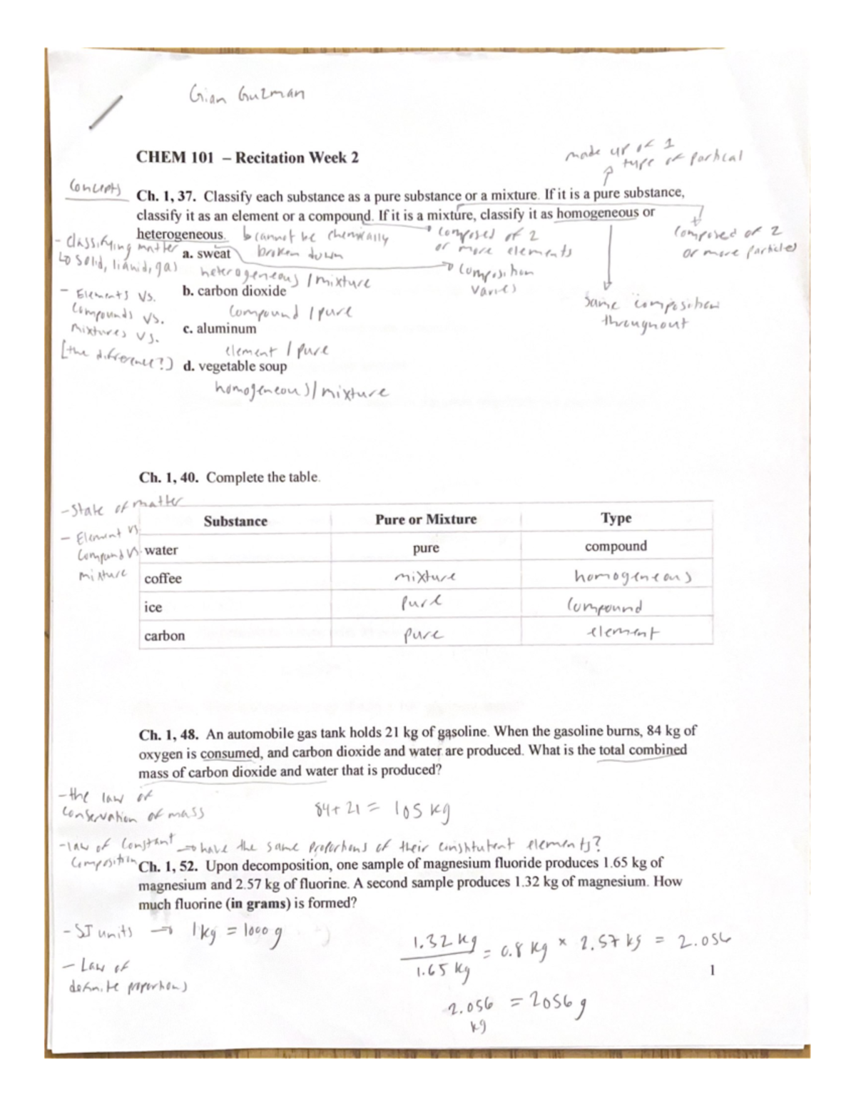 CHEM 101 - Recitation Week 2 - 1, 37. Classify Each Substance As A Pure ...