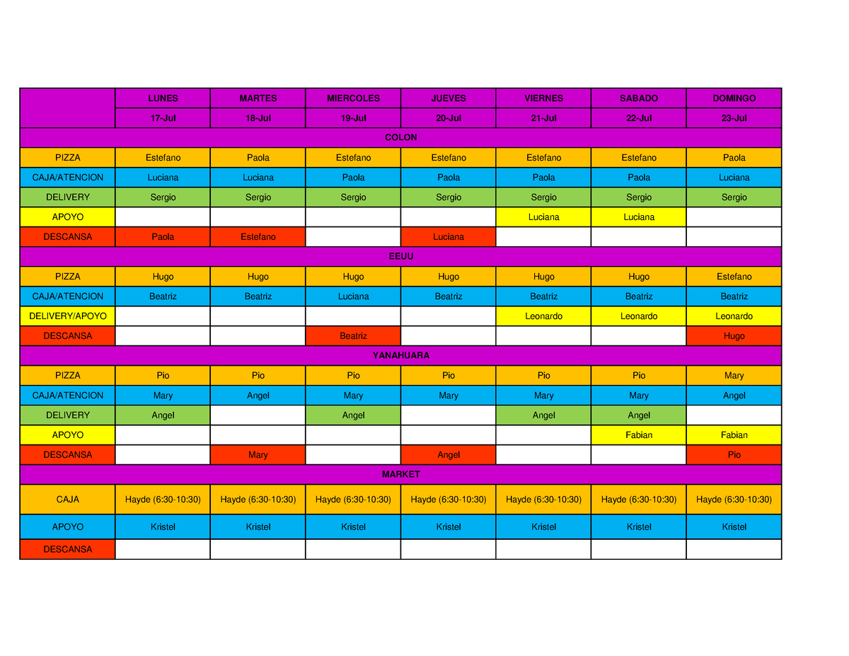 Horario Del 17 Al 23 De Julio Lunes Martes Miercoles Jueves Viernes Sabado Domingo 17 Jul 18