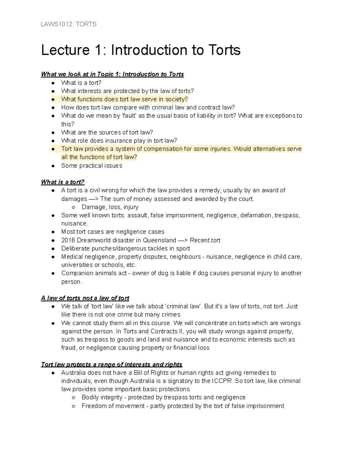 Tort Notes Lecture 1 Lecture 1 Introduction To Torts What We Look At In Topic 1 Tort Notes Lecture 1 Lecture 1 Introduction To Torts What We Look At In Topic 1