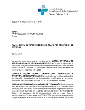 Carta DE Terminación DE Contrato POR Prestación DE Servicios - Bogotá D, C.  30 de Septiembre de 2022 - Studocu
