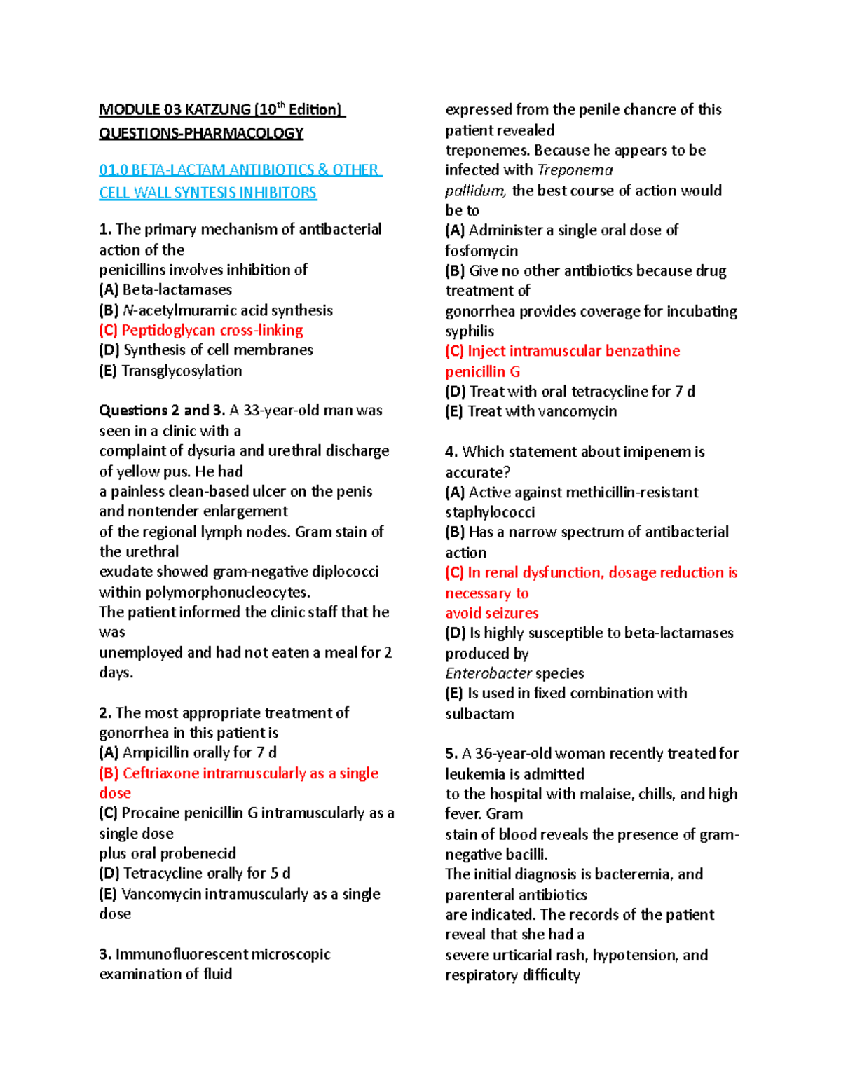 01.0 Module 03 Katzung Questions - Pharmacology - MODULE 03 KATZUNG (10 ...