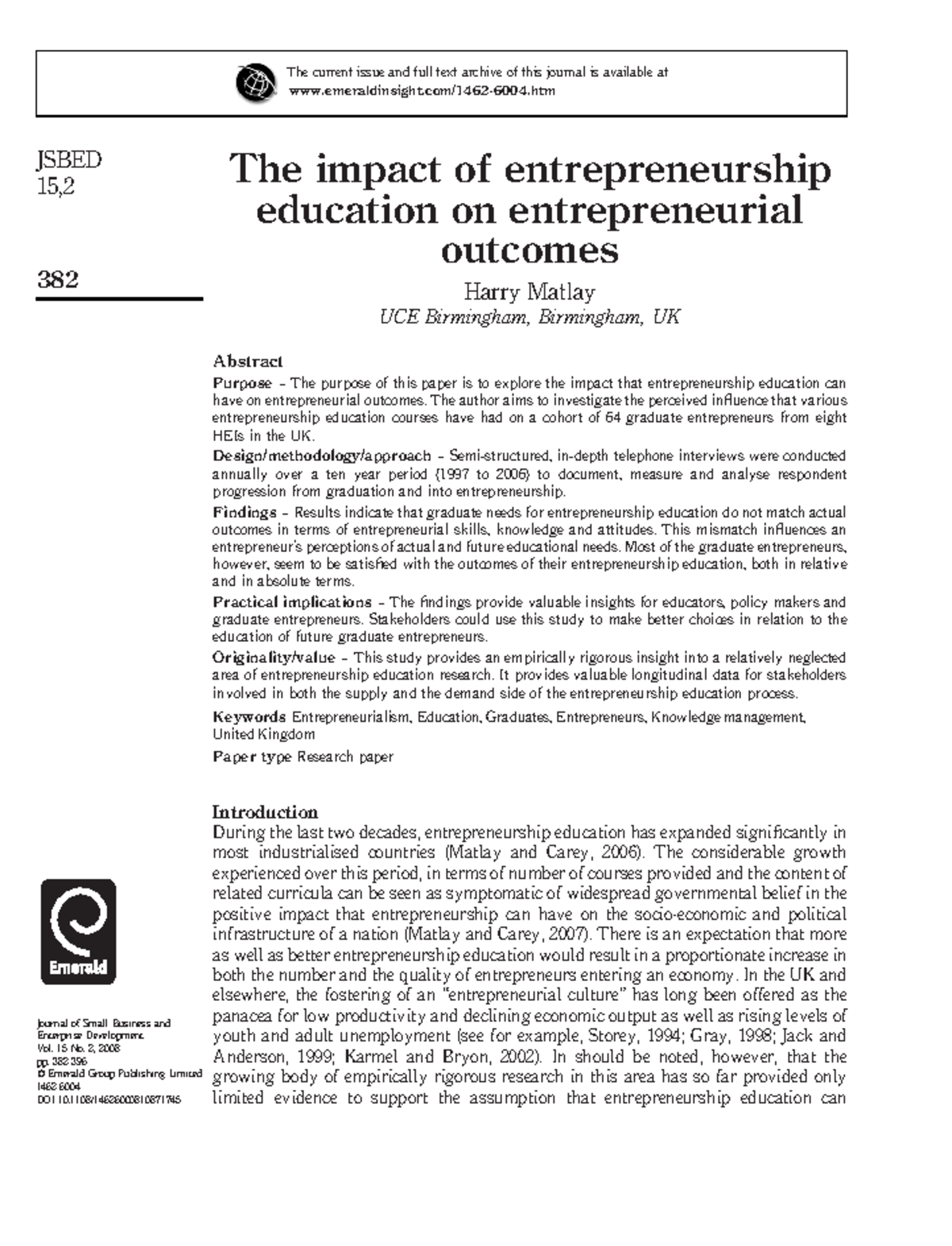 impact of entrepreneurship education - The author aims to investigate ...