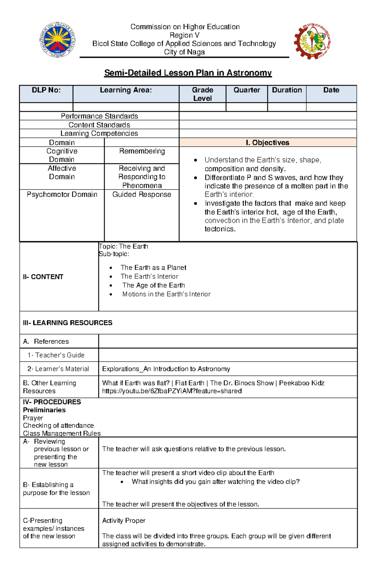 Lesson Plan Astronomy - Commission on Higher Education Region V Bicol ...