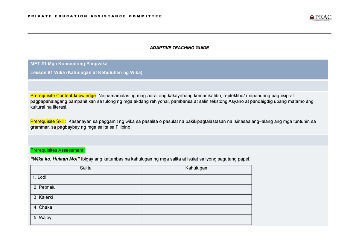 Q1 ATG 1 - Filipino - ADAPTIVE TEACHING GUIDE MET #1 Mga Konseptong ...