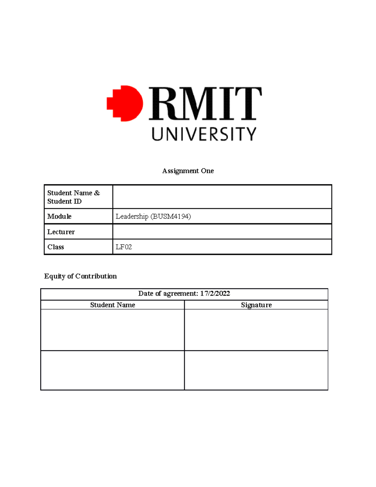 Leadership Assignment 1 Assignment One Student Name & Student ID