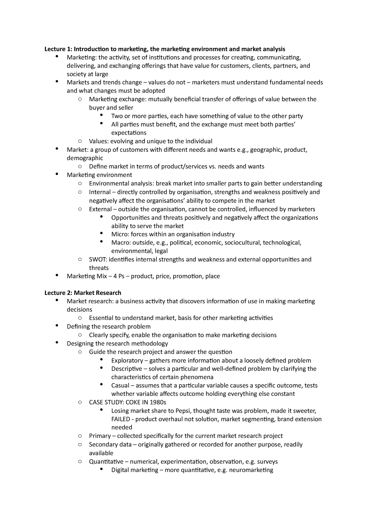 Final Exam Notes - Lecture 1: Introduction to marketing, the marketing ...