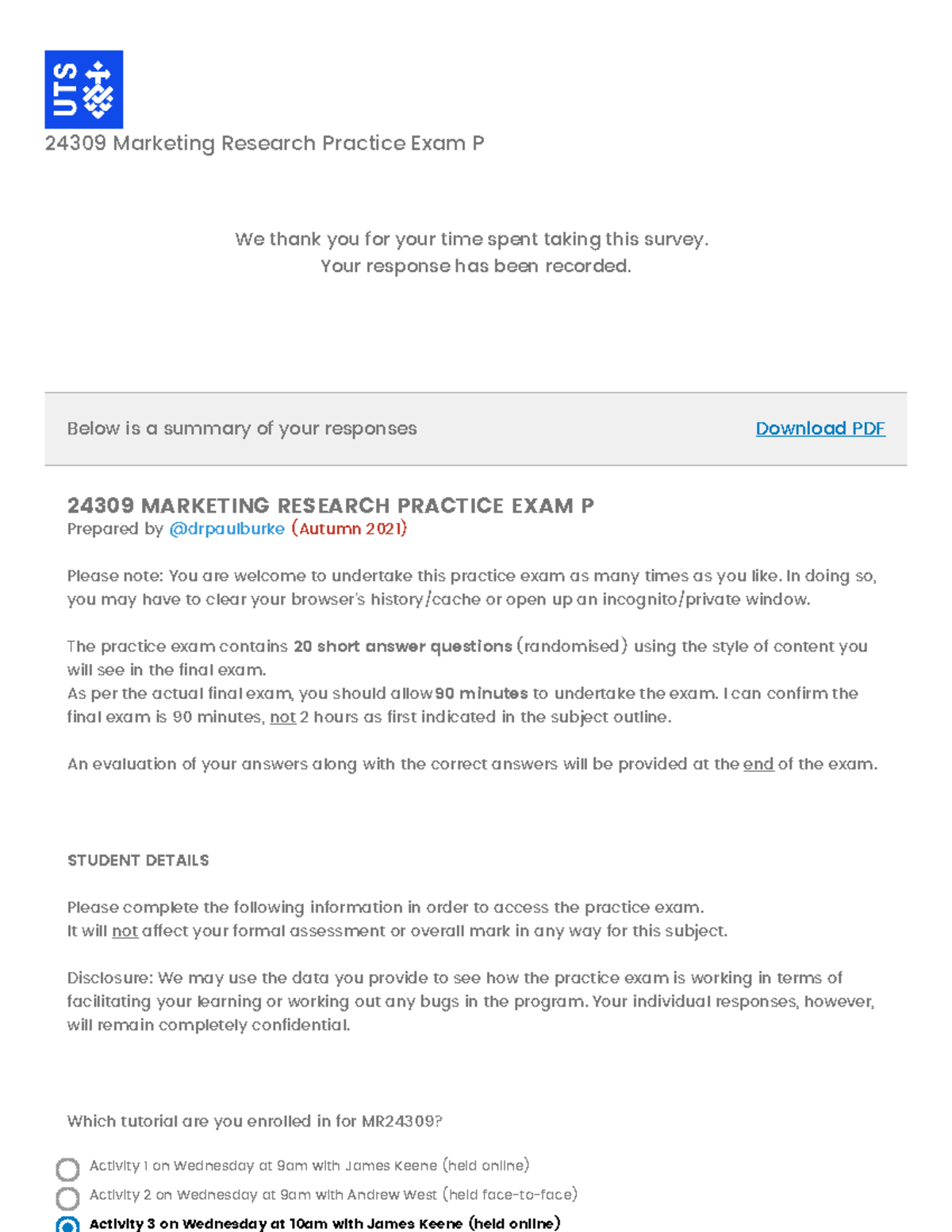 24309 PRAC EXAM P AUT 2021 Example Filledin - 24309 Marketing Research ...