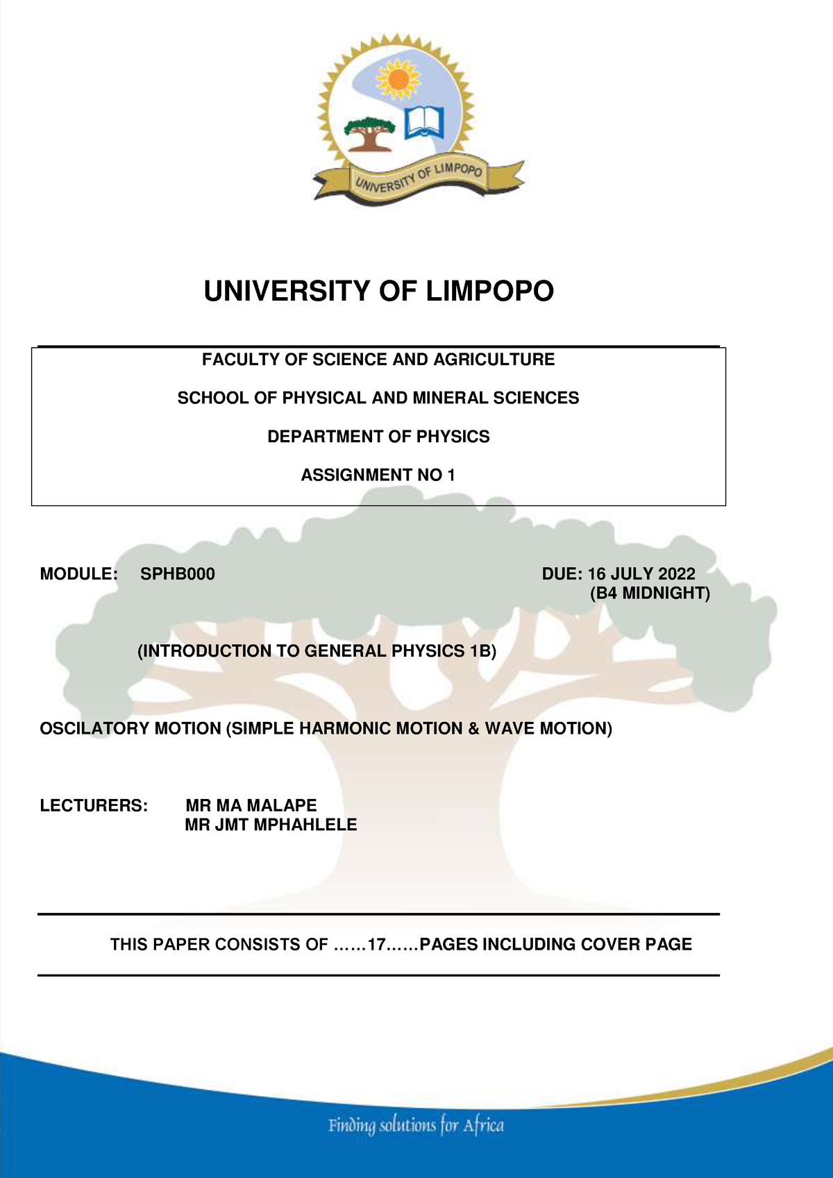 SPHB000 Assignment 1 2022 - UNIVERSITY OF LIMPOPO FACULTY OF SCIENCE ...