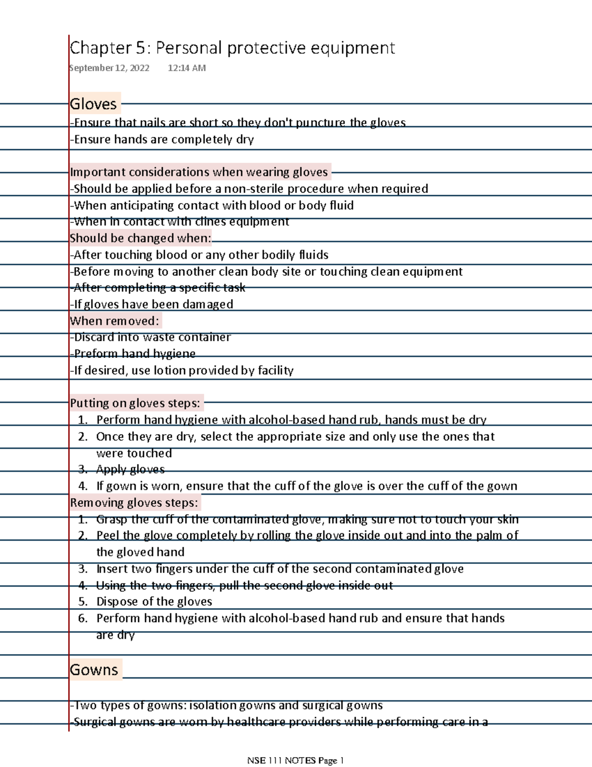 Chapter 5 Personal protective equipment Gloves Ensure that nails are