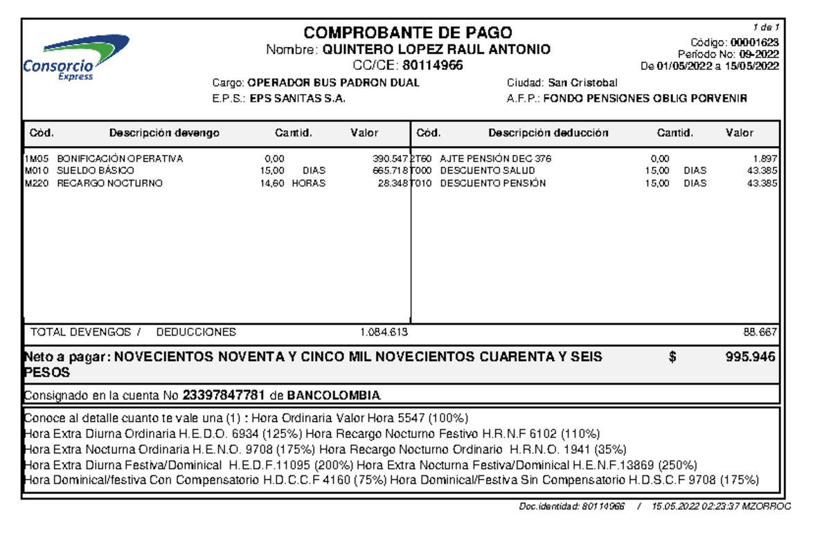 Coletilla - kzjudjd - COMPROBANTE DE PAGO 1 de 1 Nombre: QUINTERO LOPEZ ...