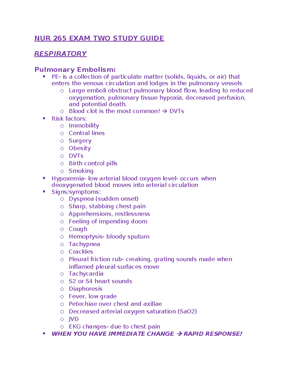 NUR 265 EXAM TWO Study Guide - NUR 265 EXAM TWO STUDY GUIDE RESPIRATORY ...