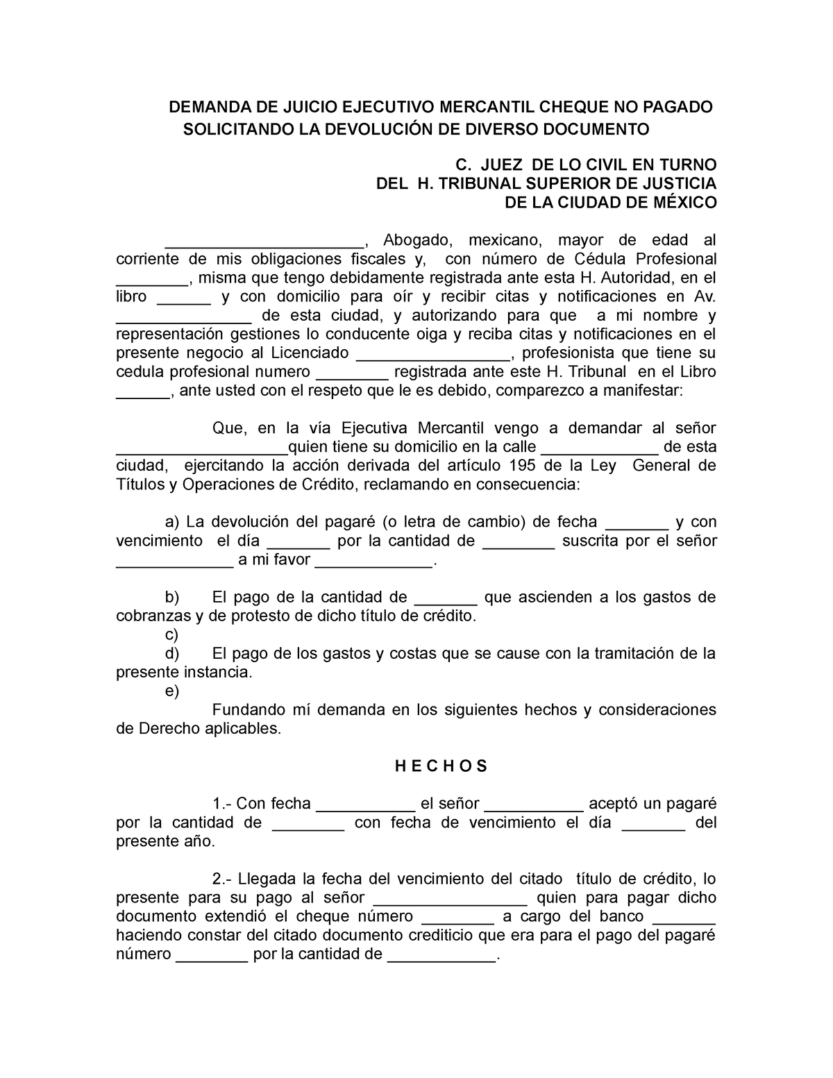 Demanda DE Juicio Ejecutivo Mercantil Cheque NO Pagado Solicitando LA ...