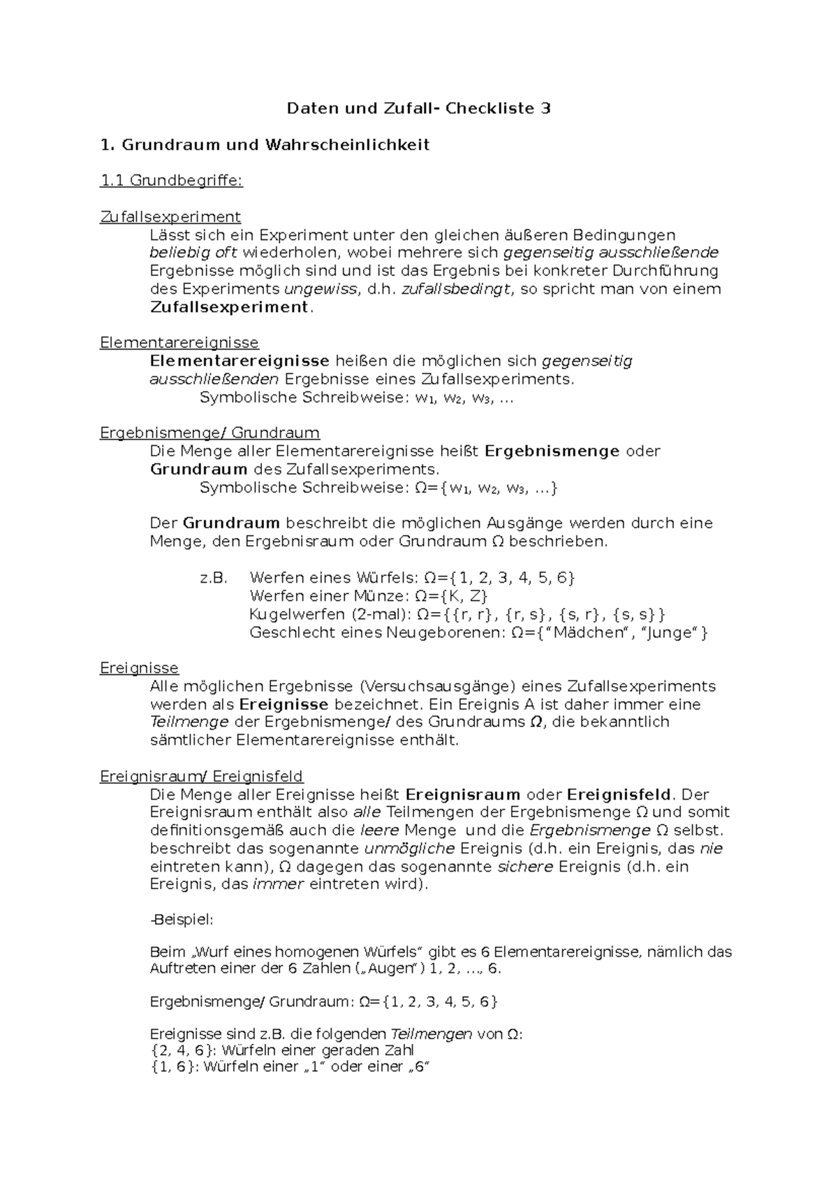 Daten Und Zufall Checkliste 3 - Grundraum Und Wahrscheinlichkeit 1 ...