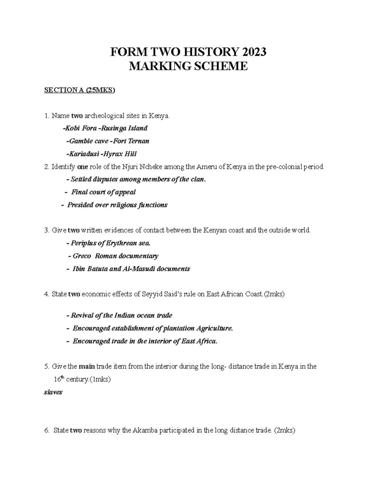 F2 HIST MSfghghkmj, - FORM TWO HISTORY 2023 MARKING SCHEME SECTION A ...