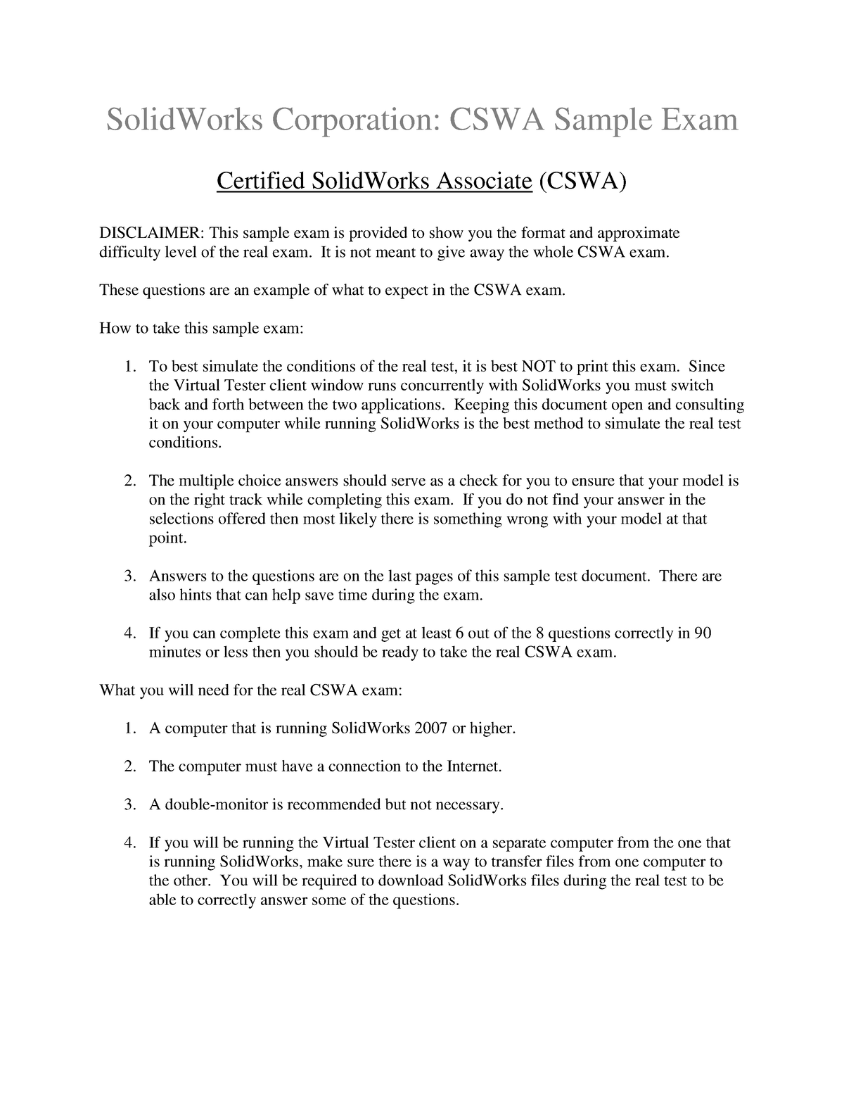 EJEMPLO EXAMEN CSWA - SolidWorks Corporation: CSWA Sample Exam ...