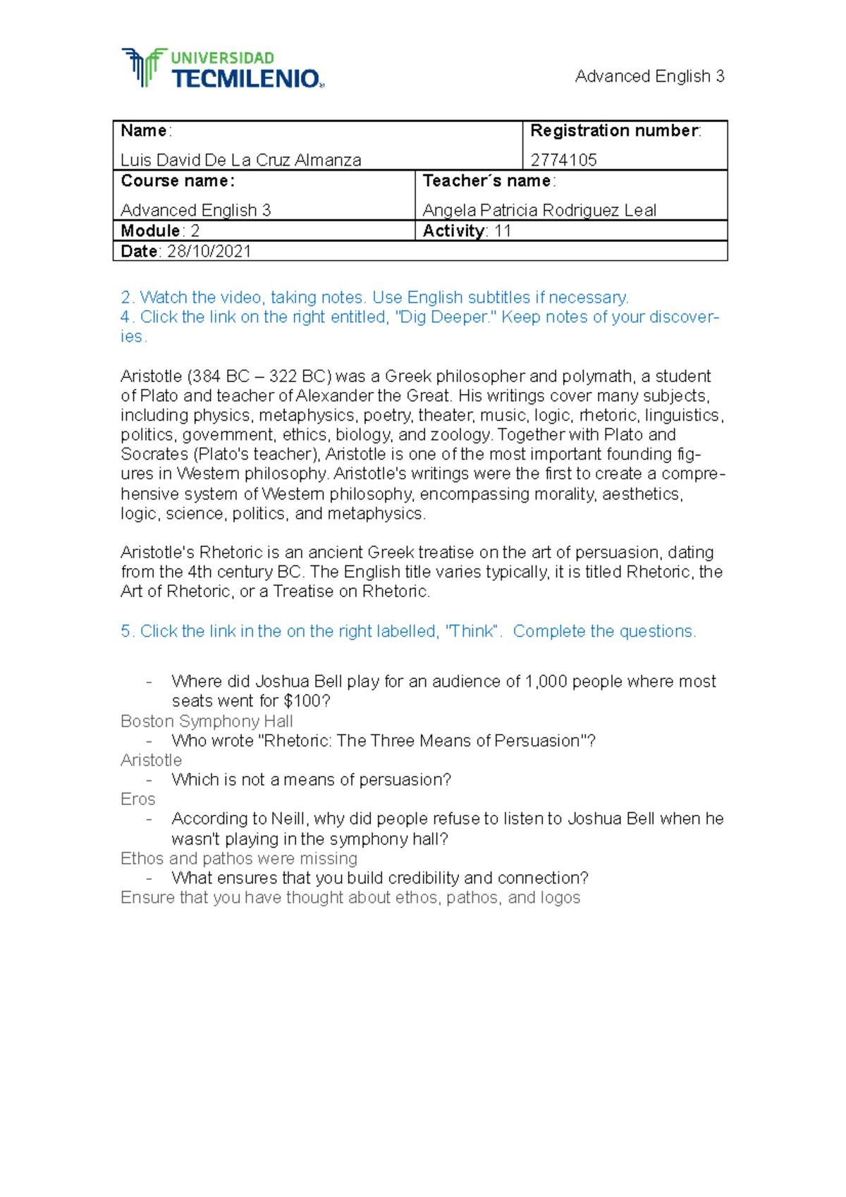 Activity 11 Advanced English - Ingles Avanzado - TecMilenio - Studocu