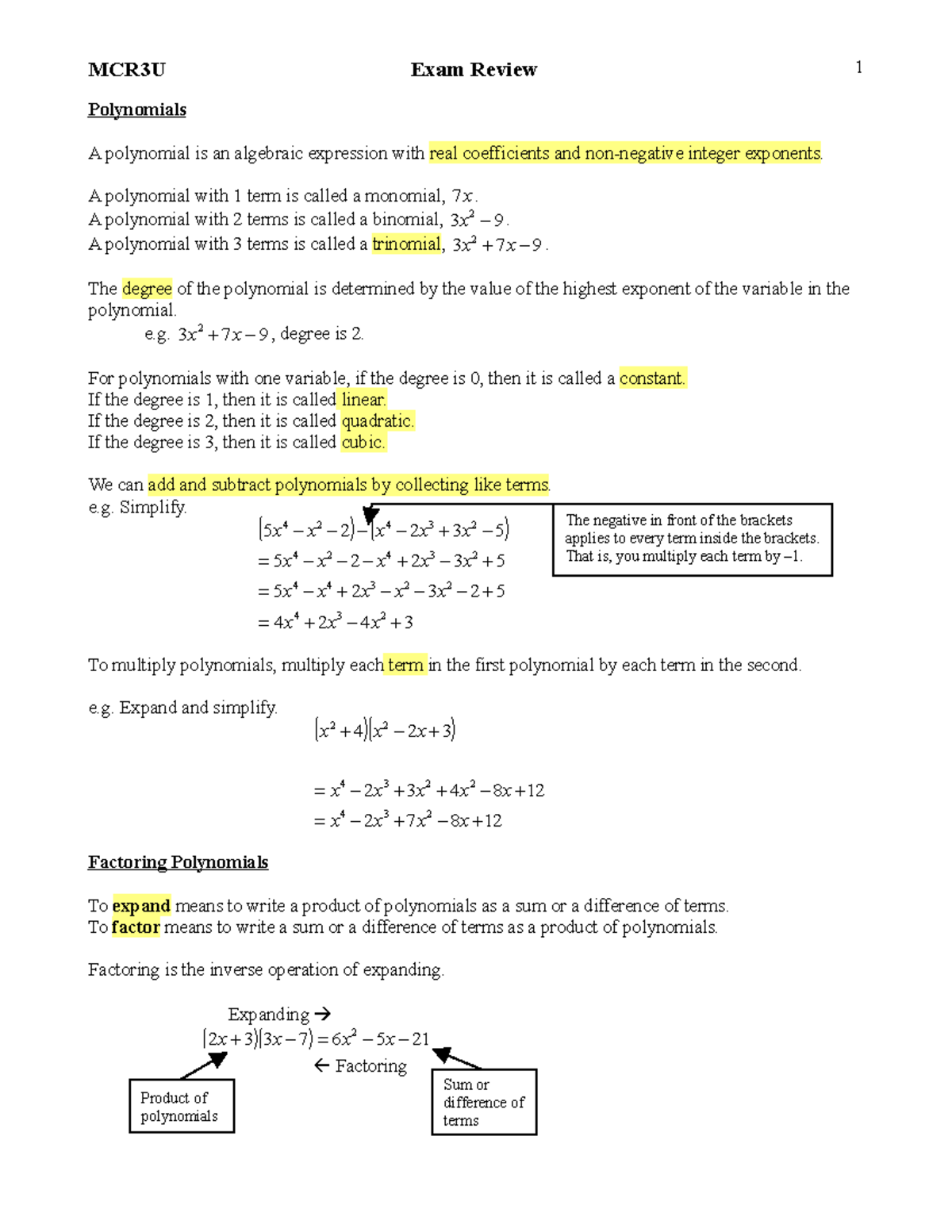 MCR3U-Unit 1 KEY NOTES - MCR3U Exam Review Polynomials A polynomial is ...