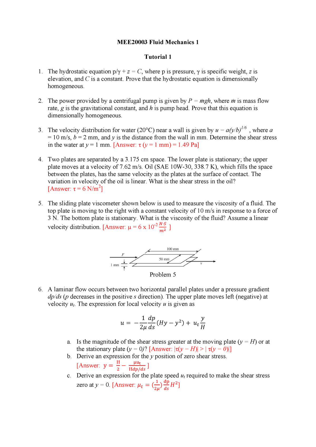 Tutorial 1 Tut Mee003 Swinburne Mee003 Fluid Mechanics Tutorial The Hydrostatic Equation Where Is Pressure Is Specific Weight Is Elevation And Is Studocu