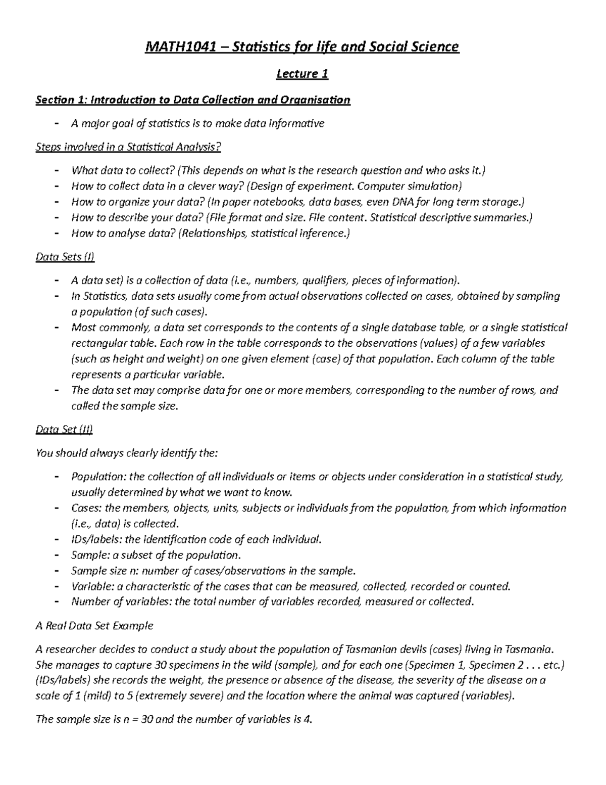 Notes - MATH1041 – Staisics for life and Social Science Lecture 1 ...