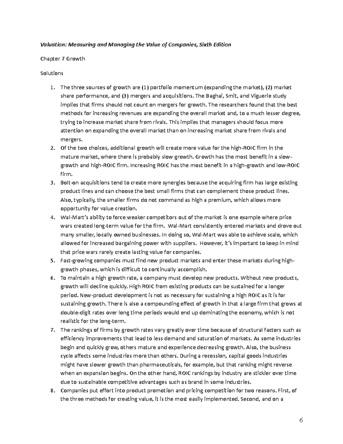 07 Solutions - summary solution - Valuation: Measuring and Managing the ...