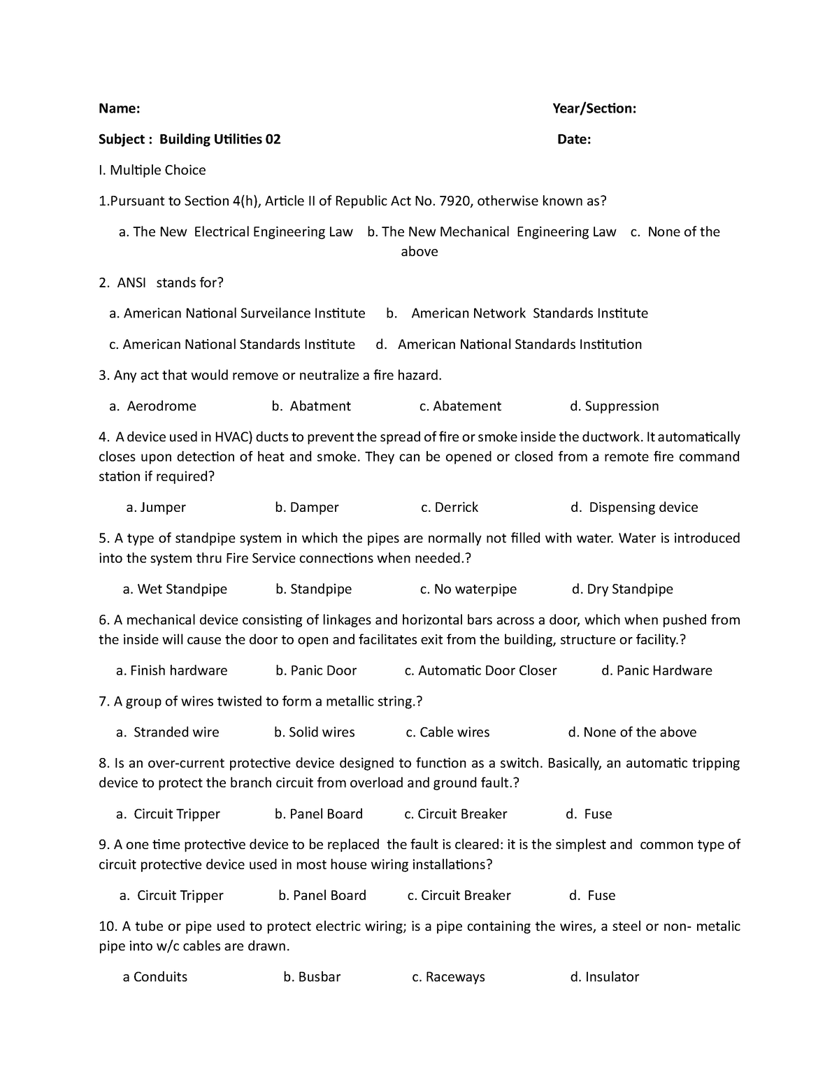 Midterm-EXAM-questionnaire - Name: Year/Section: Subject : Building ...