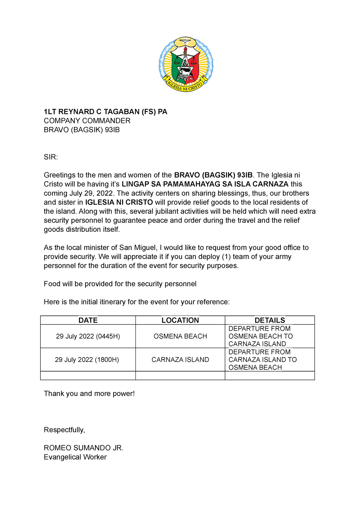 application letter sample for security personnel