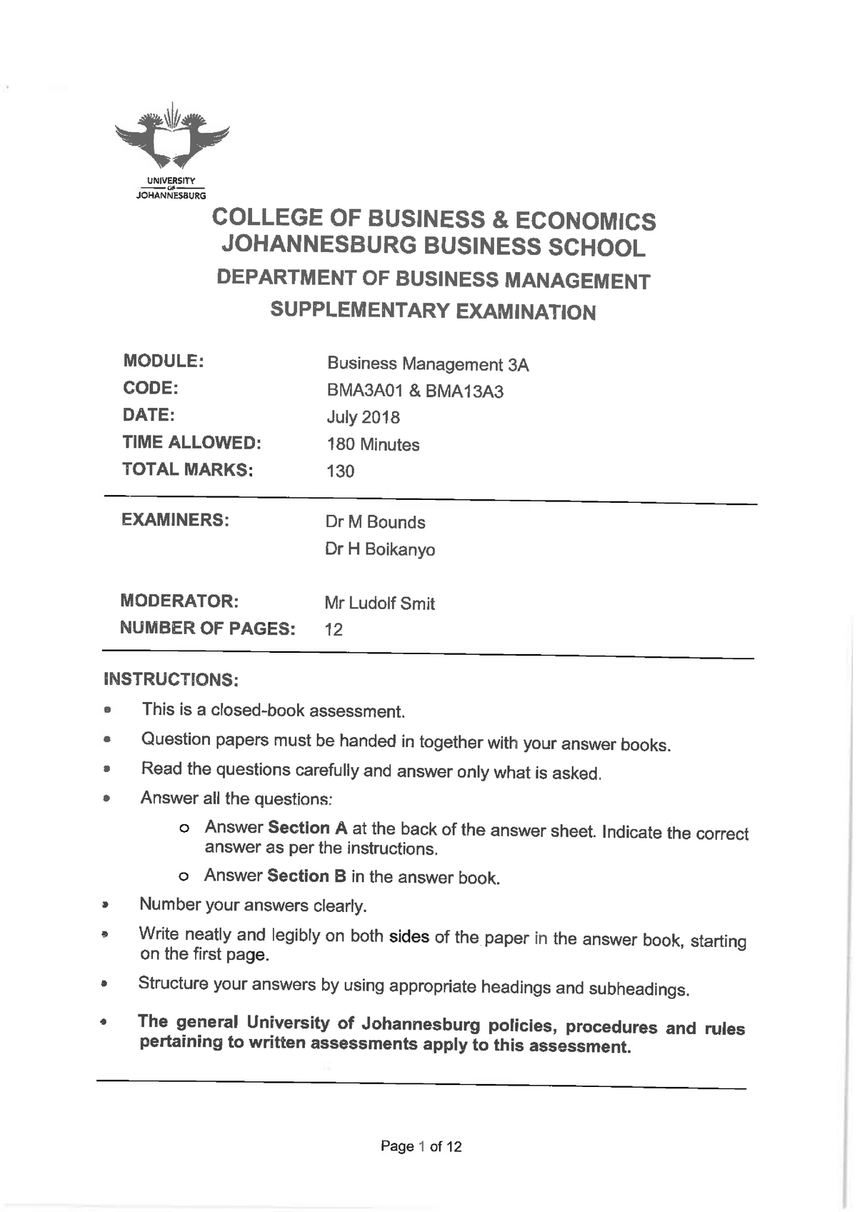 Business Management 3A (Sup) - BMA3A01 - Studocu