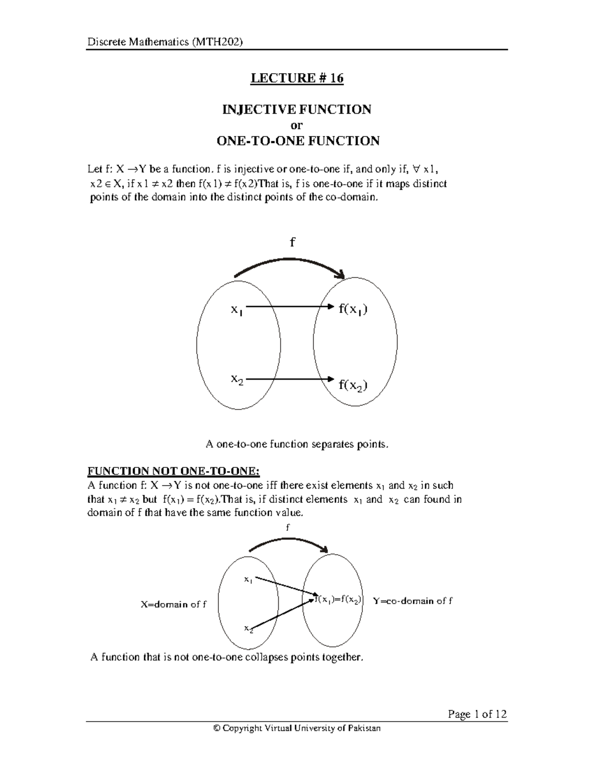 Lecture 16 - Page 1 of 12 LECTURE # 16 INJECTIVE FUNCTION or ONE-TO-ONE ...