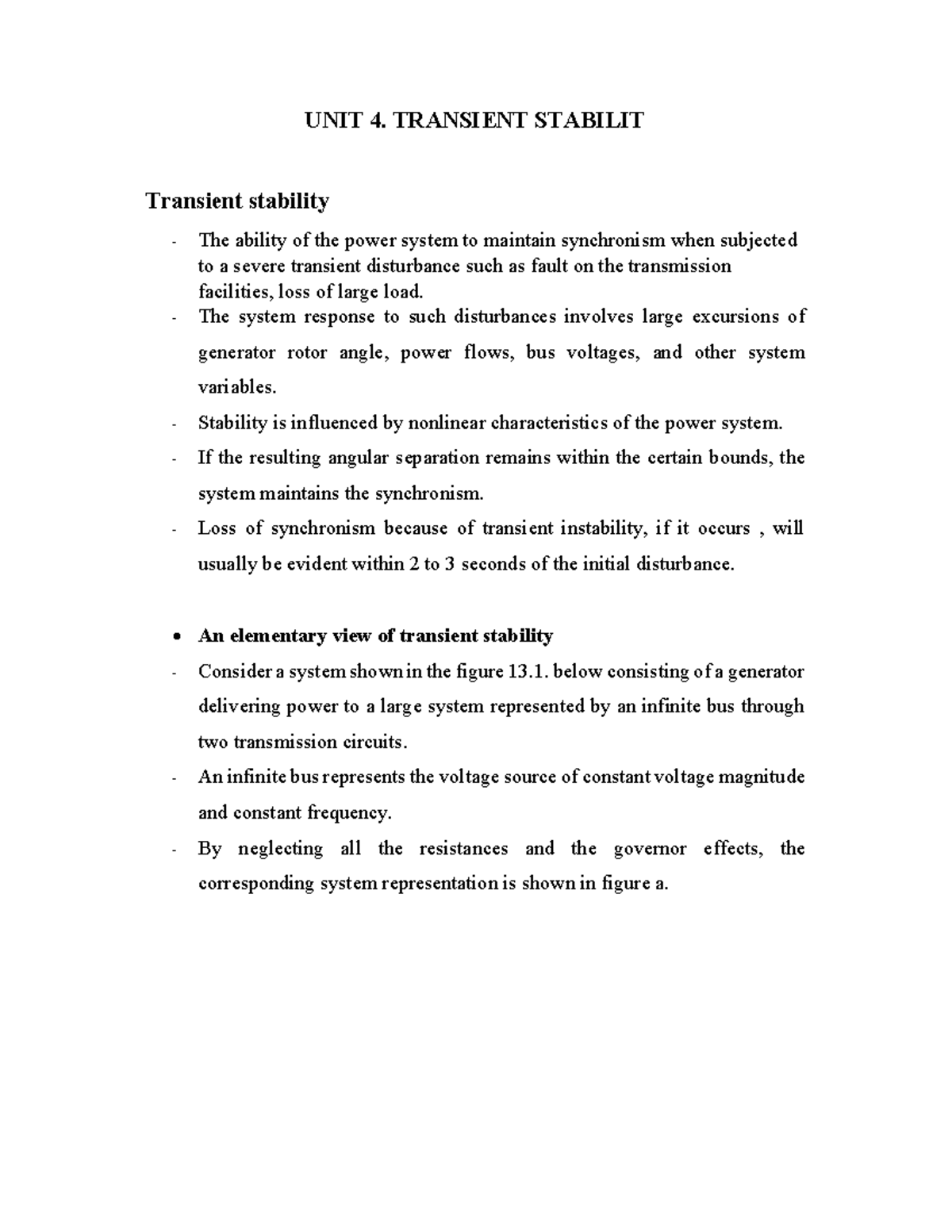 PSOC Unit 4 - not - UNIT 4. TRANSIENT STABILIT Transient stability The ...