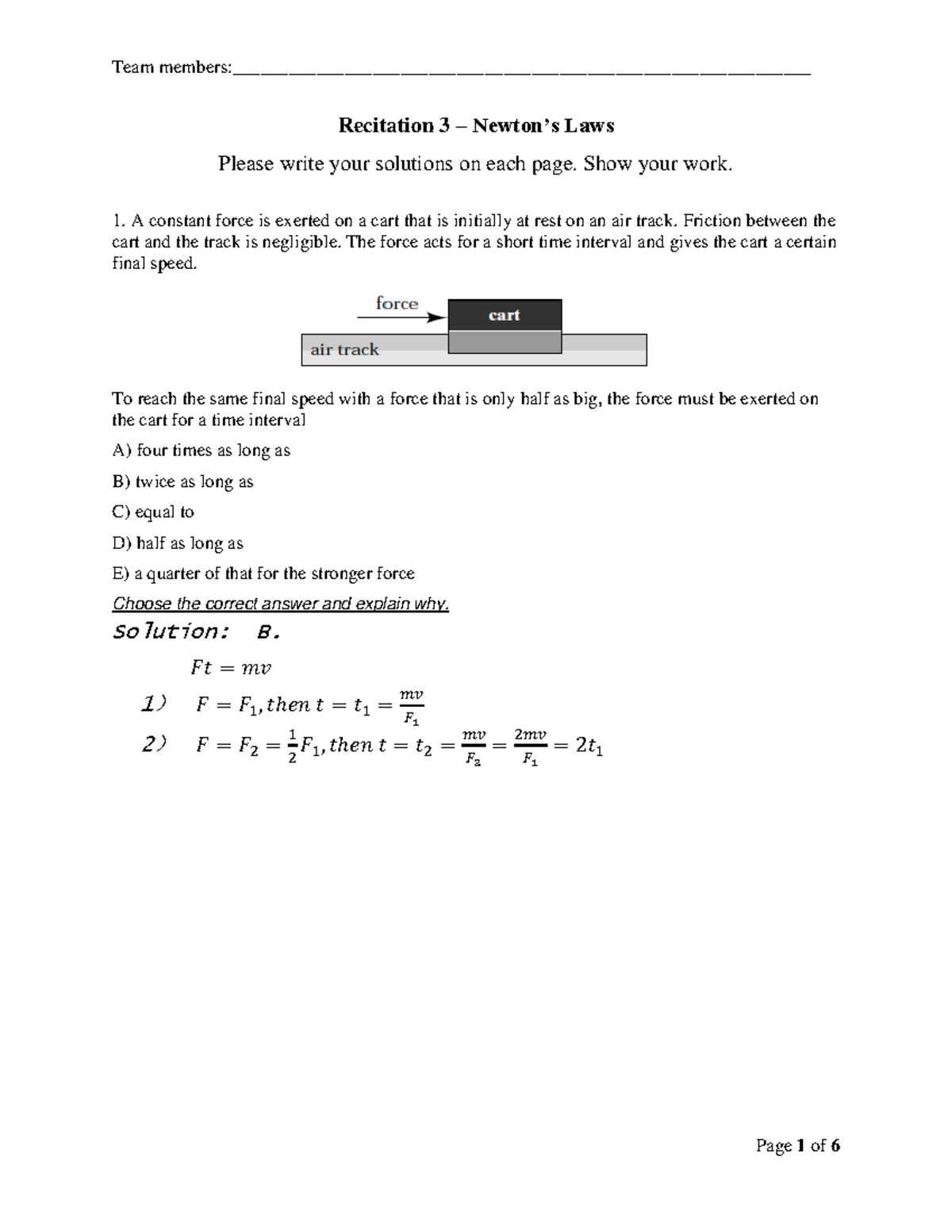 Solution of Recitation 3 Newtons Laws - Recitation 3 – Newton’s Laws ...