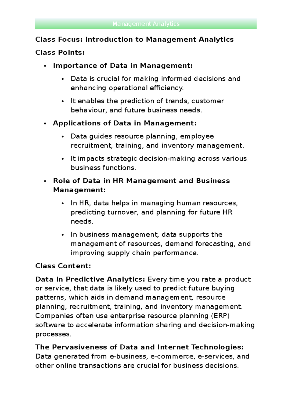 Management Analytics - Lecture notes from ONLINE subject - Module 1 ...