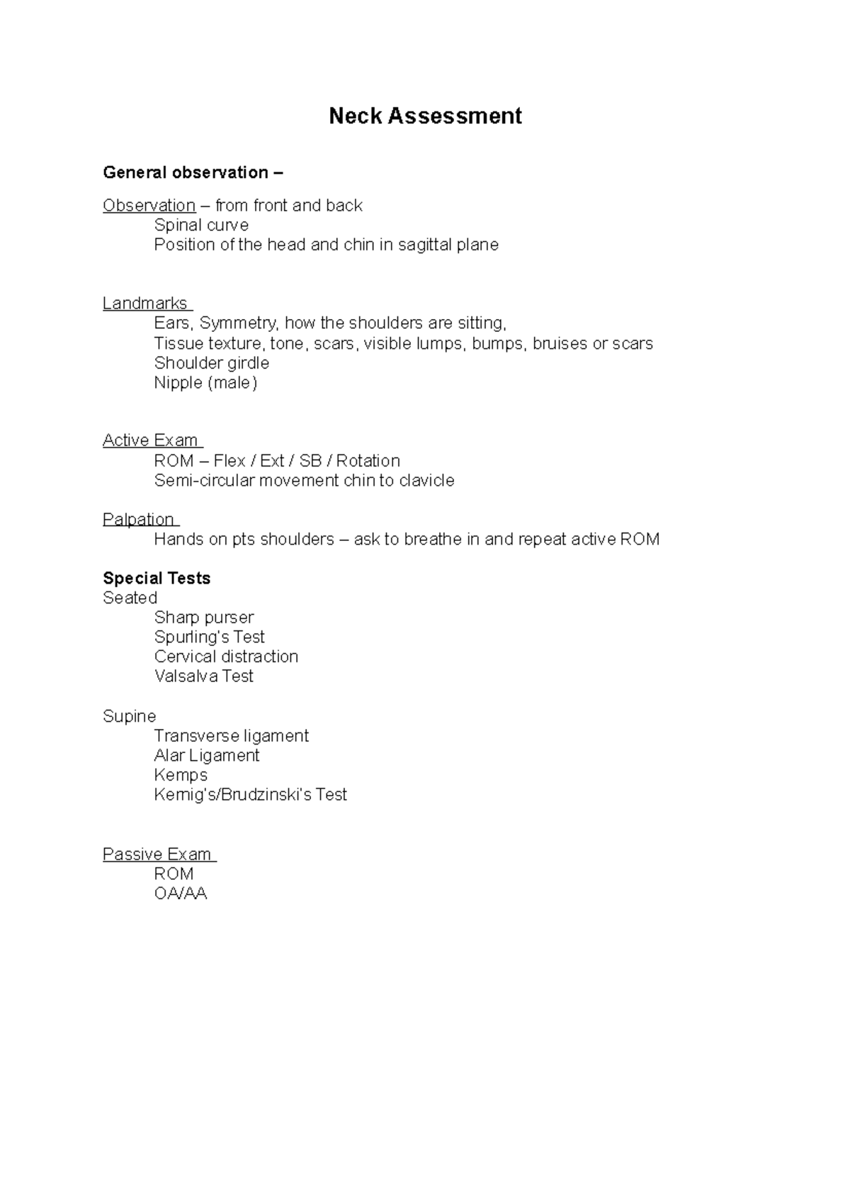 Full Body Examinations Neck Assessment General observation