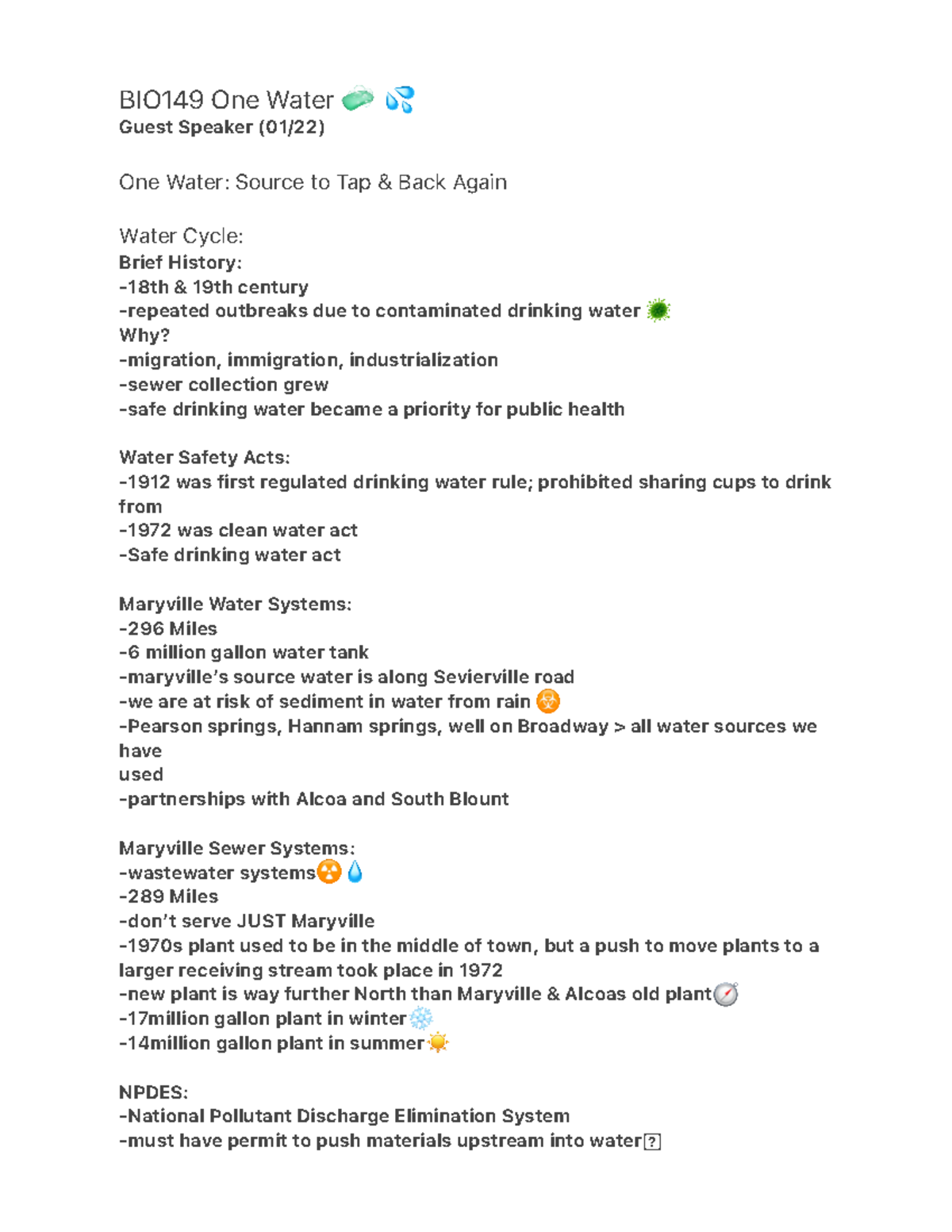 One Water Lecture - BIO149 One Water 🧼 💦 Guest Speaker (01/22) One ...