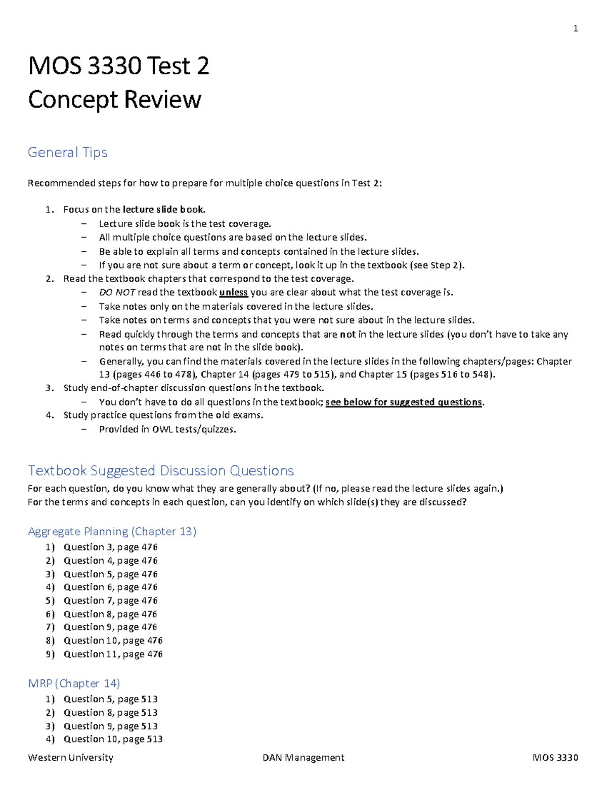 Test 2 Concept Review - 1 Western University DAN Management MOS 3330 ...