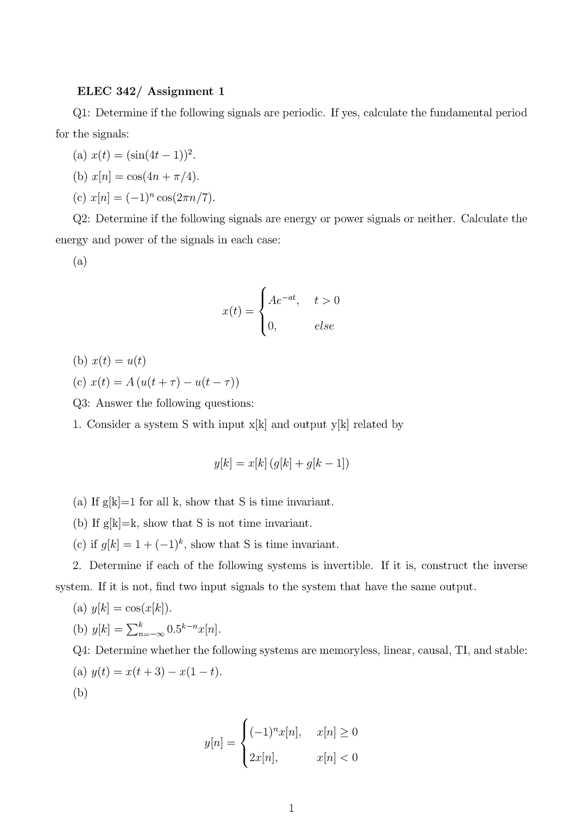 Assignment 1 Elec342 21 Summer Semester Elec 342 Assignment 1 Q1 Determine If The Following Studocu