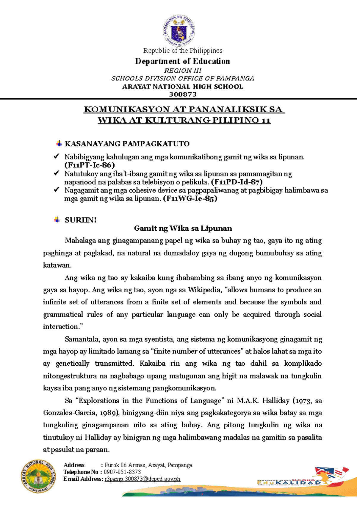 Filipino 11- LAS - KOMUNIKASYON AT PANANALIKSIK SA WIKA AT KULTURANG ...